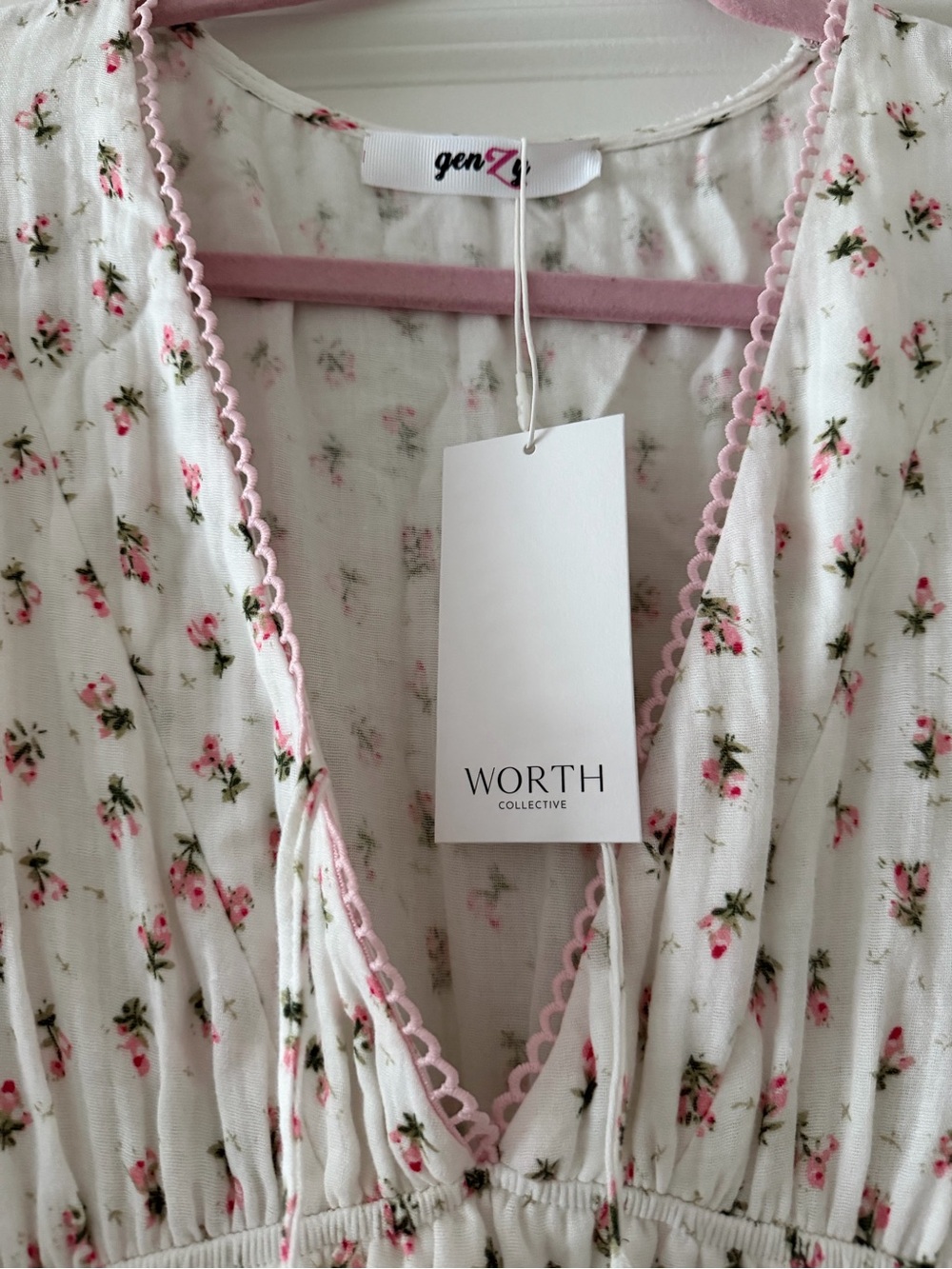 Worth Collective Hunter 100% Cotton Midi Dress in White and Pink Floral Print - Picture 2 of 3